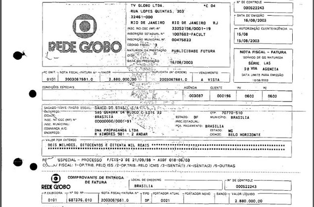 Fragmento de Nota Fiscal de Serviços expedida pela Rede Globo à DNA Propaganda, do publicitário Marcos Valério