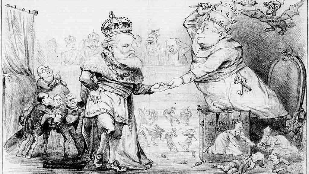 Exposição marca bicentenário das relações entre o Brasil e a Santa Sé | A charge que retrata o relacionamento entre o império e a Igreja foi impressa no jornal carioca O Mosquito