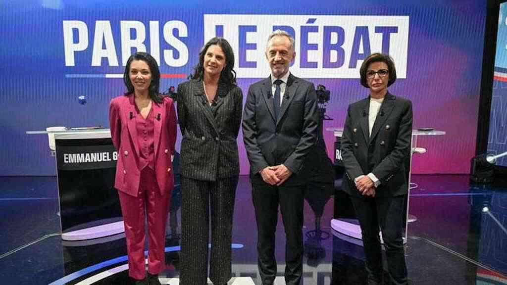 Debate em Paris tem acusações e poucas propostas | Da esquerda para a direita: a candidata do partido França Insubmissa, Sophia Chikirou, a jornalista francesa Apolline De Malherbe, o candidato socialista Emmanuel Grégoire e a candidata conservadora Rachida Dati, do partido Os Republicanos