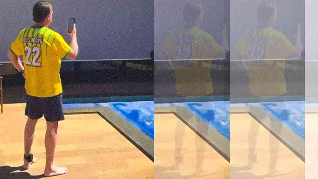 No fim de semana de volta à sua mansão, Bolsonaro curte a piscina | À beira da piscina em sua mansão, Bolsonaro assiste a um serviço de streaming, no celular