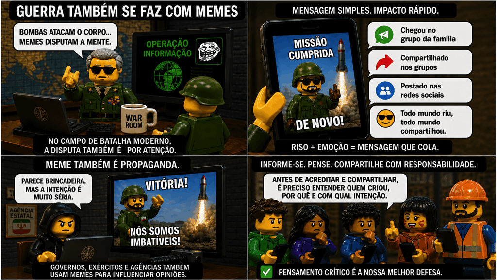 Quando a guerra cultural fala com memes | Parece Lego, mas não é brinquedo. Esta ilustração foi gerada por IA (ChatGPT + DeepSeek) a partir de prompts inspirados neste texto. A estética blocante e colorida não é um acaso: é uma ferramenta cada vez mais usada para disputar mentes na velocidade de um compartilhamento
