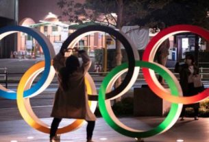 Mulheres com máscara de proteção tiram foto com símbolo olímpico em Tóquio