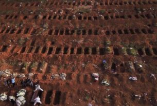 Sepultadores com trajes de proteção enterram vítima de covid-19 no cemitério de Vila Formosa, em São Paulo