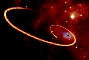 Uma estrela de brilho intenso se dirige para por um buraco negro supermassivo